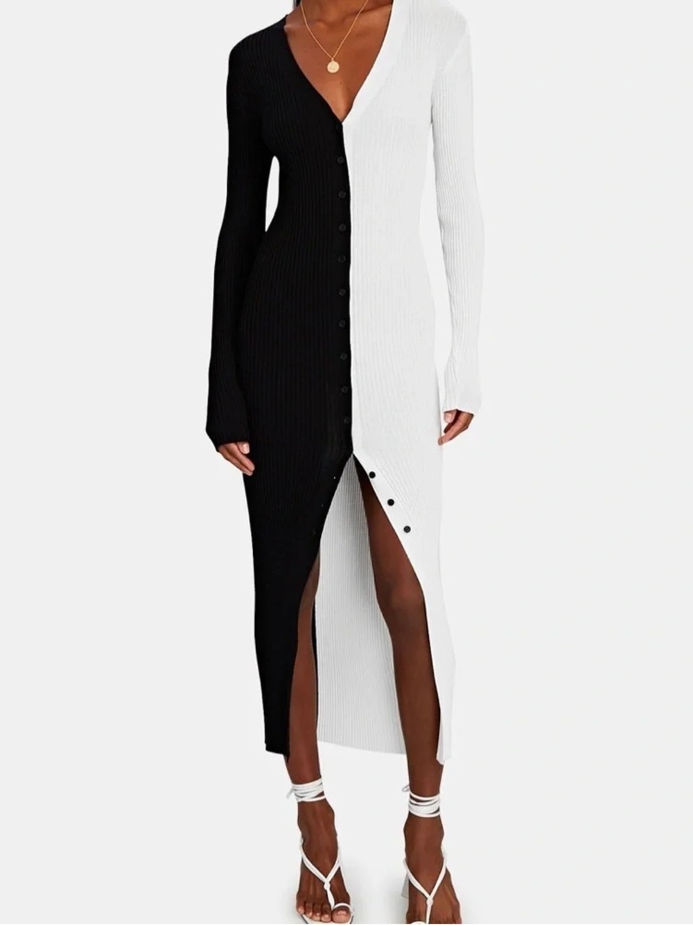 STAUD Black & White Two-Tone Ribbed Button-Front Maxi Dress